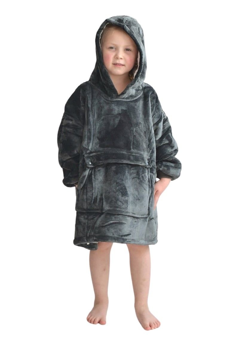 Luxe snuggie deken kind met capuchon - donkergrijs