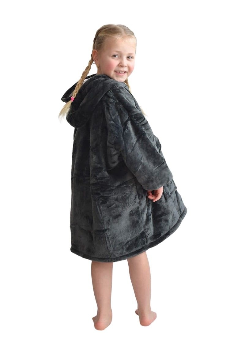 Luxe snuggie deken kind met capuchon - donkergrijs