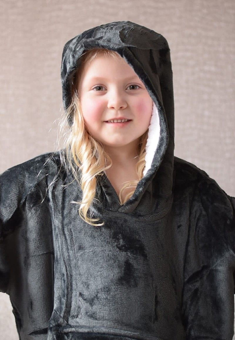 Luxe snuggie deken kind met capuchon - donkergrijs