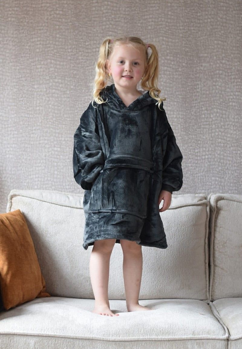 Luxe snuggie deken kind met capuchon - donkergrijs
