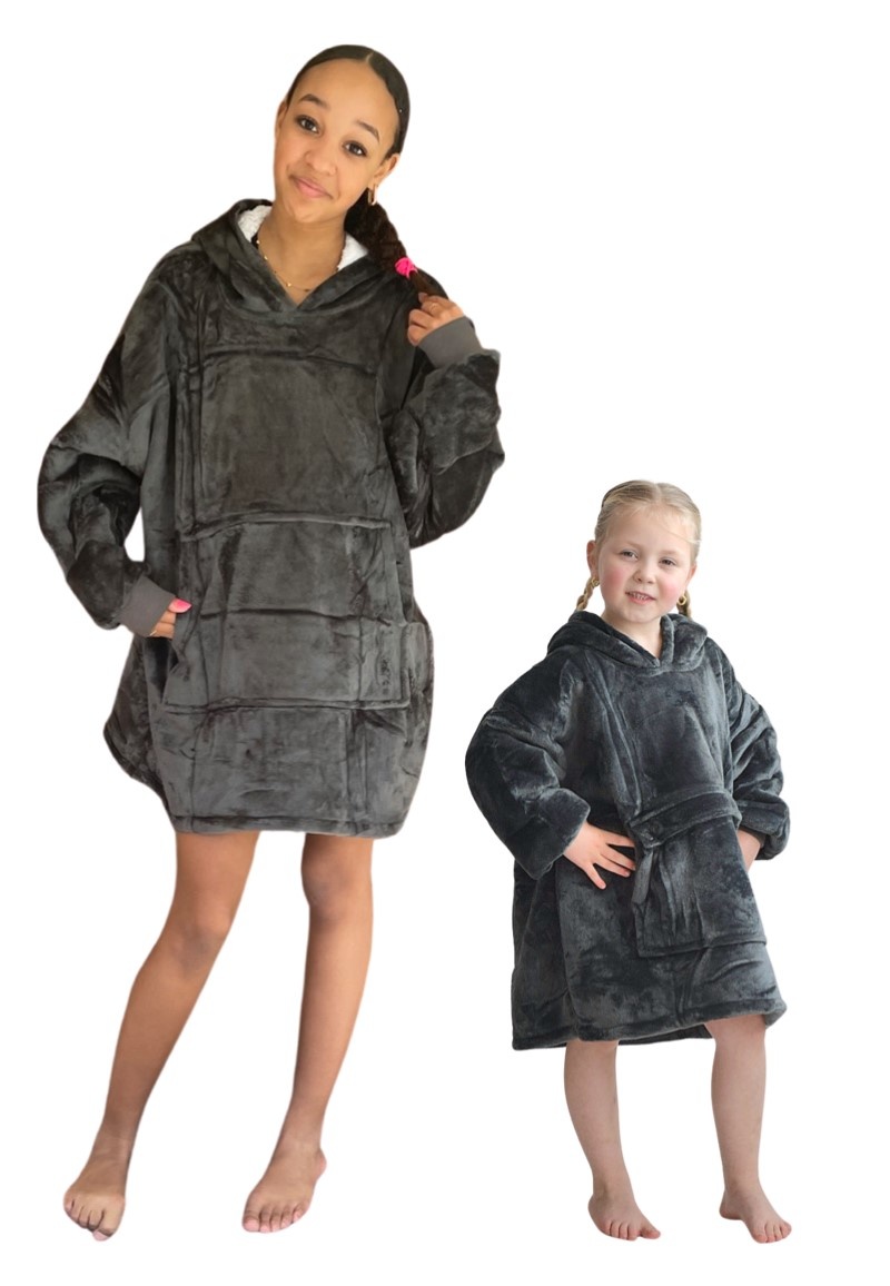 Luxe snuggie deken kind met capuchon - donkergrijs