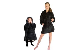 Fleece deken met mouwen & capuchon - kind - zwart