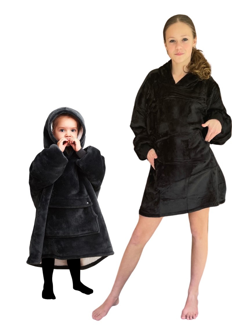 Luxe snuggie deken kind met capuchon - zwart