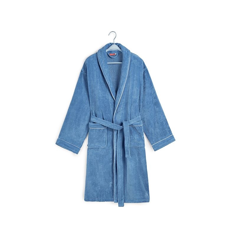 Luxe badjas velours met piping - denimblauw afbeelding
