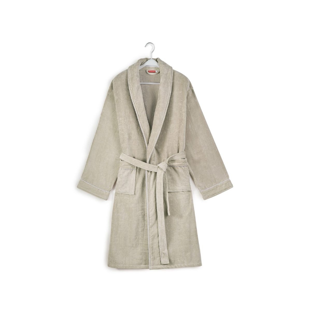Luxe badjas velours met piping - beige afbeelding