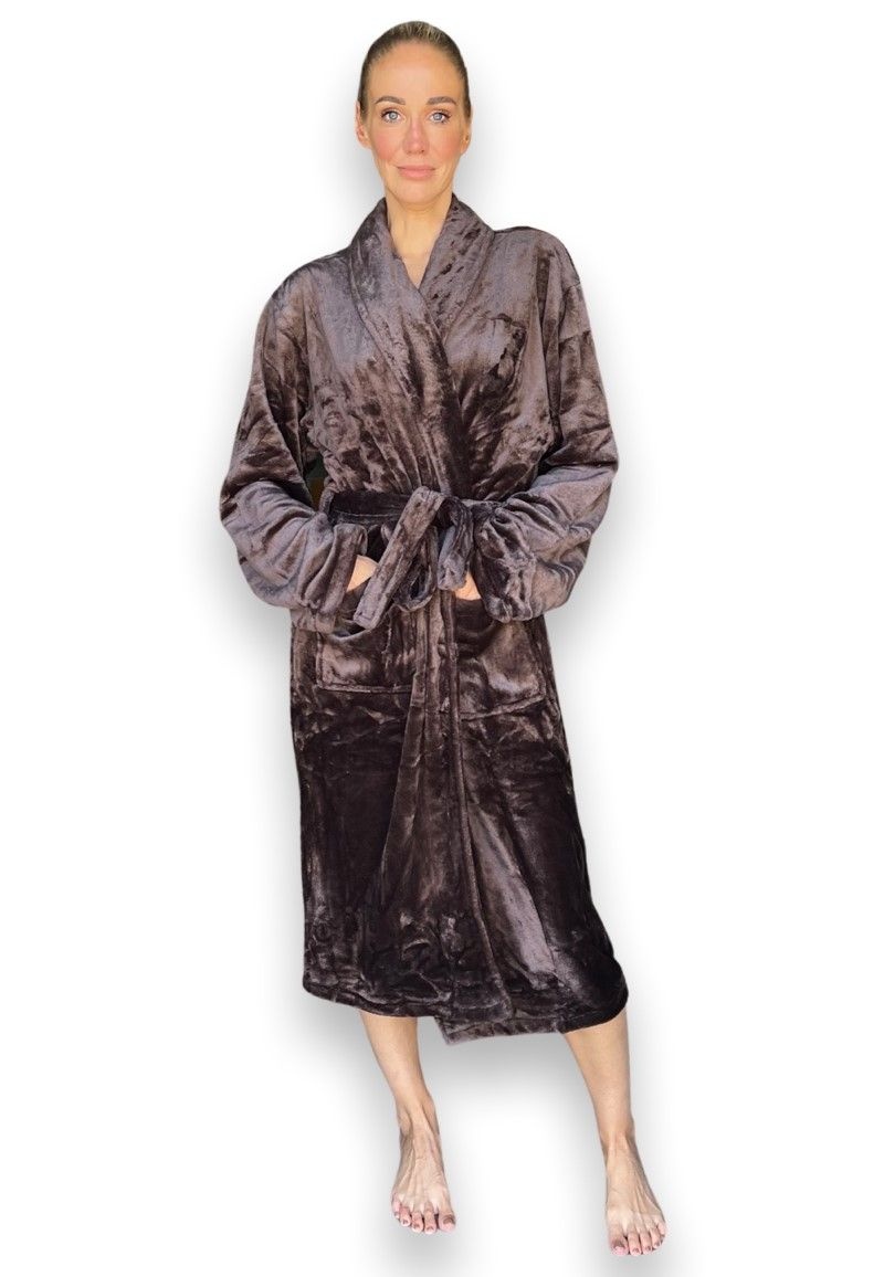 Badjas velvet look chocolade bruin - fleece afbeelding