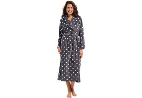 Extra lange grijze damesbadjas witte stippen - fleece