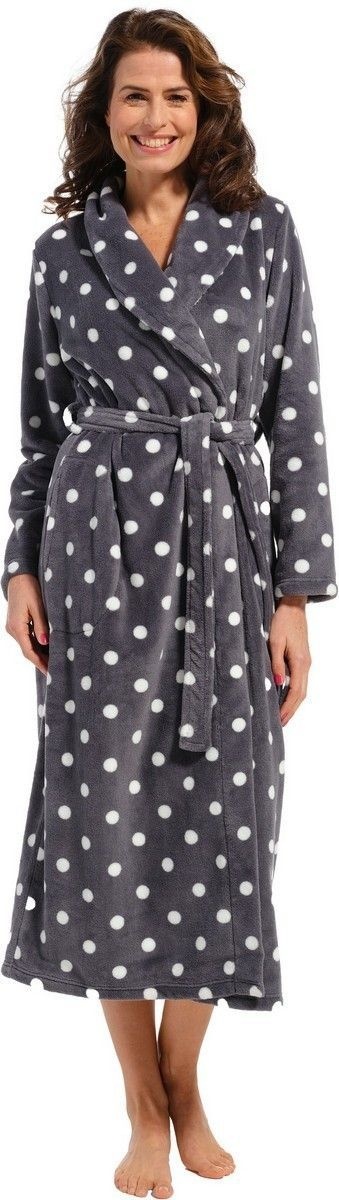 Pastunette Extra lange grijze damesbadjas witte stippen - fleece afbeelding
