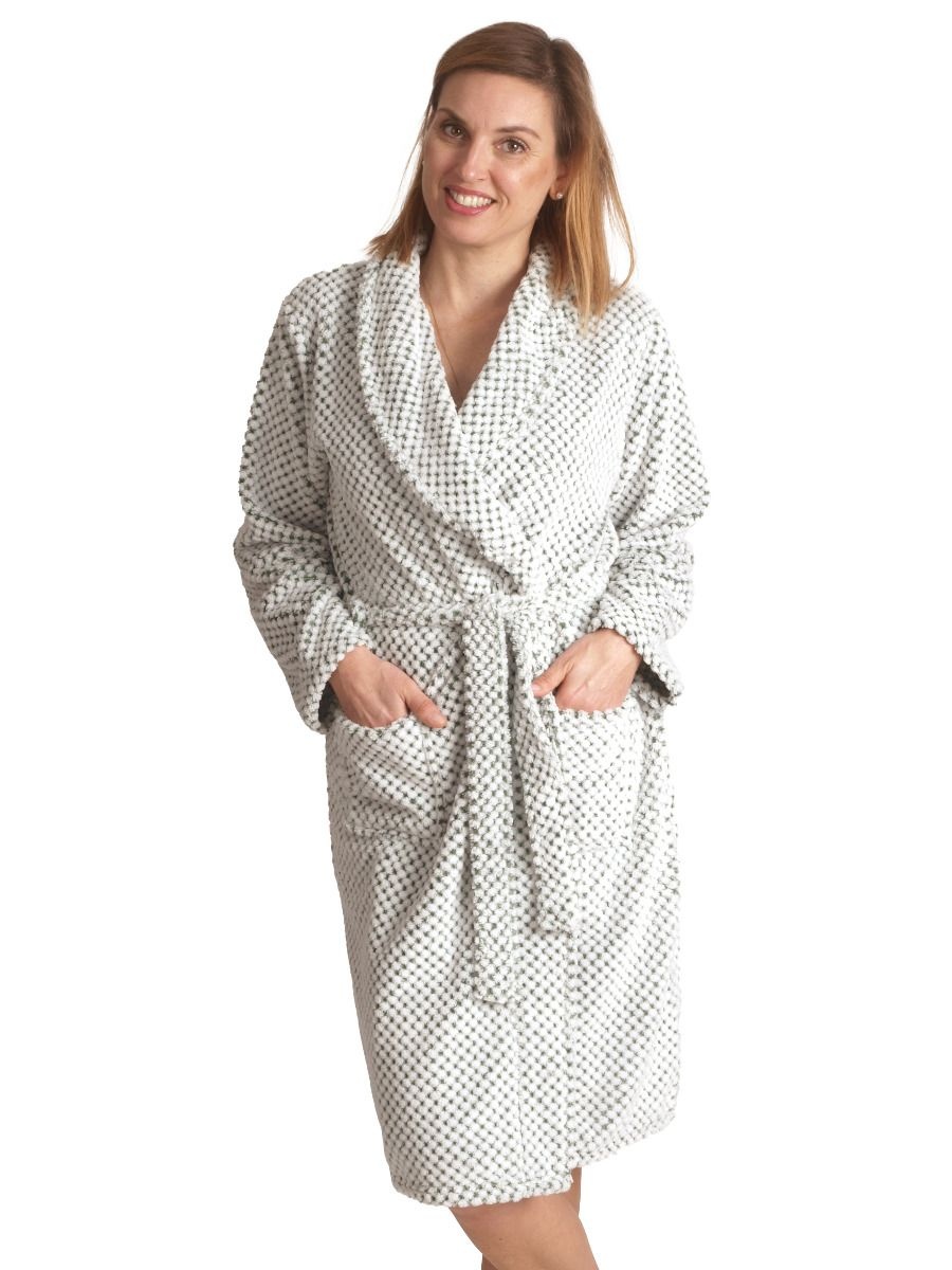 Damesbadjas wit/lichtgroen - zacht fleece afbeelding