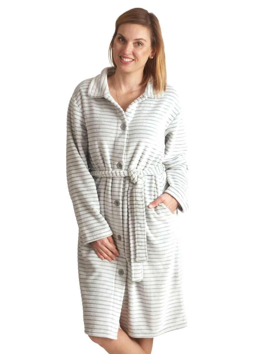 Fleece badjas lichtgrijs/lichtgroen met knopen afbeelding