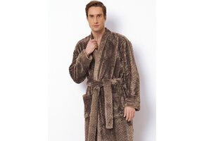 Taupe heren kimono fleece met relief patroon - extra lang model