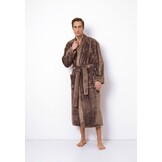 Taupe heren kimono fleece met relief patroon - ext