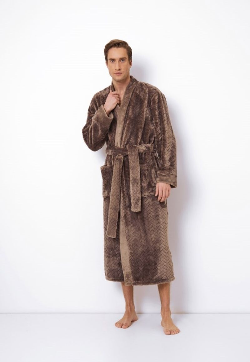 Taupe heren kimono fleece met relief patroon - ext