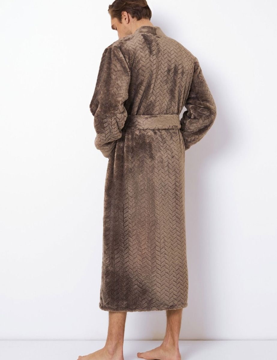 Taupe heren kimono fleece met relief patroon - ext