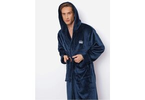 Capuchon badjas heren blauw met kroonborduring borst - fleece