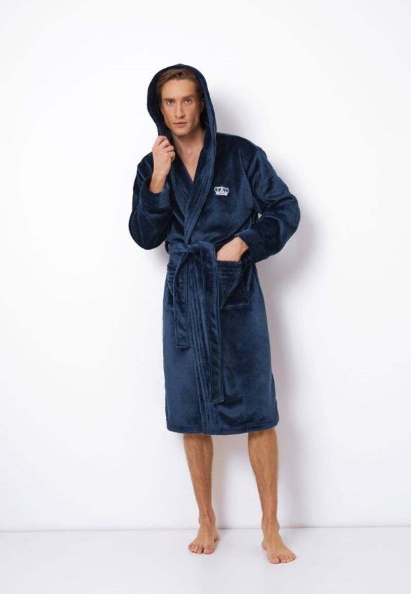 Capuchon badjas heren blauw met kroonborduring borst - fleece