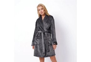 Korte damesbadjas grijs fleece - met kleine kroon borduring