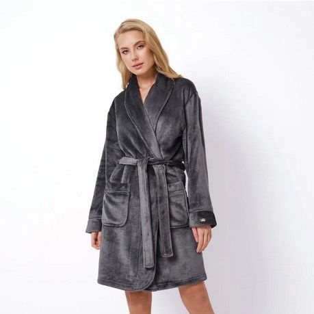 Aruelle Korte damesbadjas grijs fleece - met kleine kroon borduring afbeelding