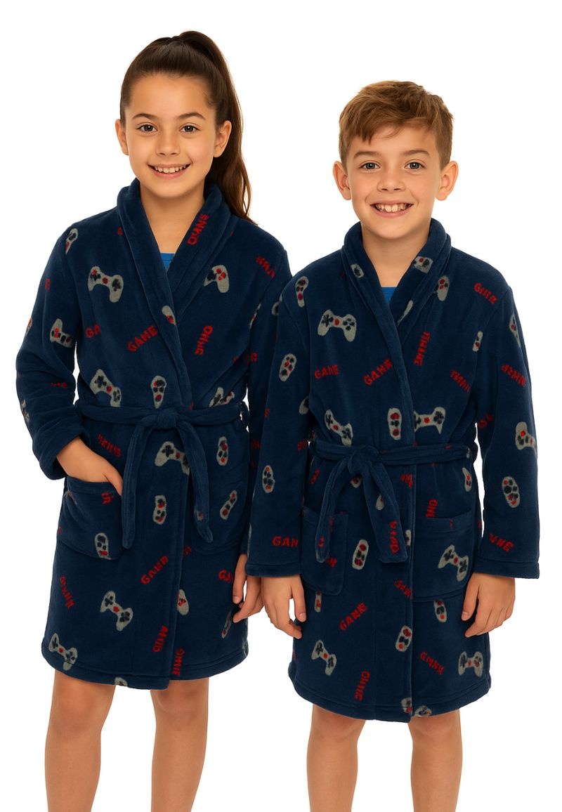 Blauwe kinderbadjas game console - fleece