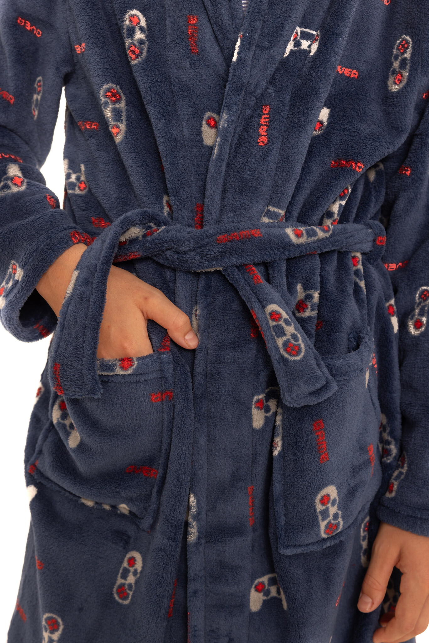 Blauwe kinderbadjas game console - fleece