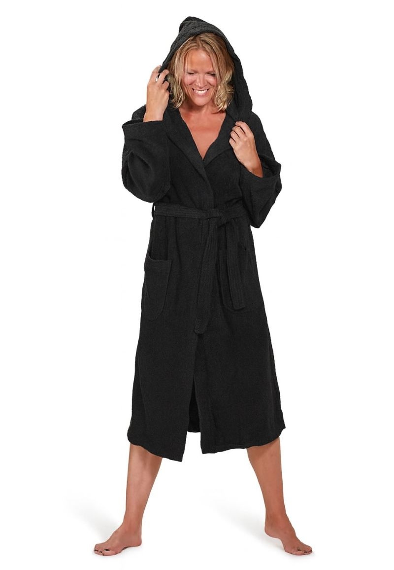Unisex Badrock badjas zwart met capuchon – badstof sauna badjas
