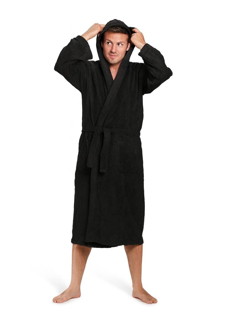 Unisex Badrock badjas zwart met capuchon – badstof sauna badjas