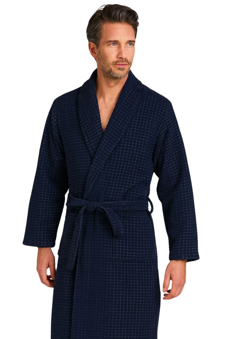Zachte microvezel herenbadjas blauw - ruitrelief