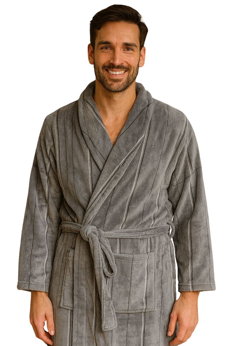 Zachte fleece herenbadjas grijs - streepmotief