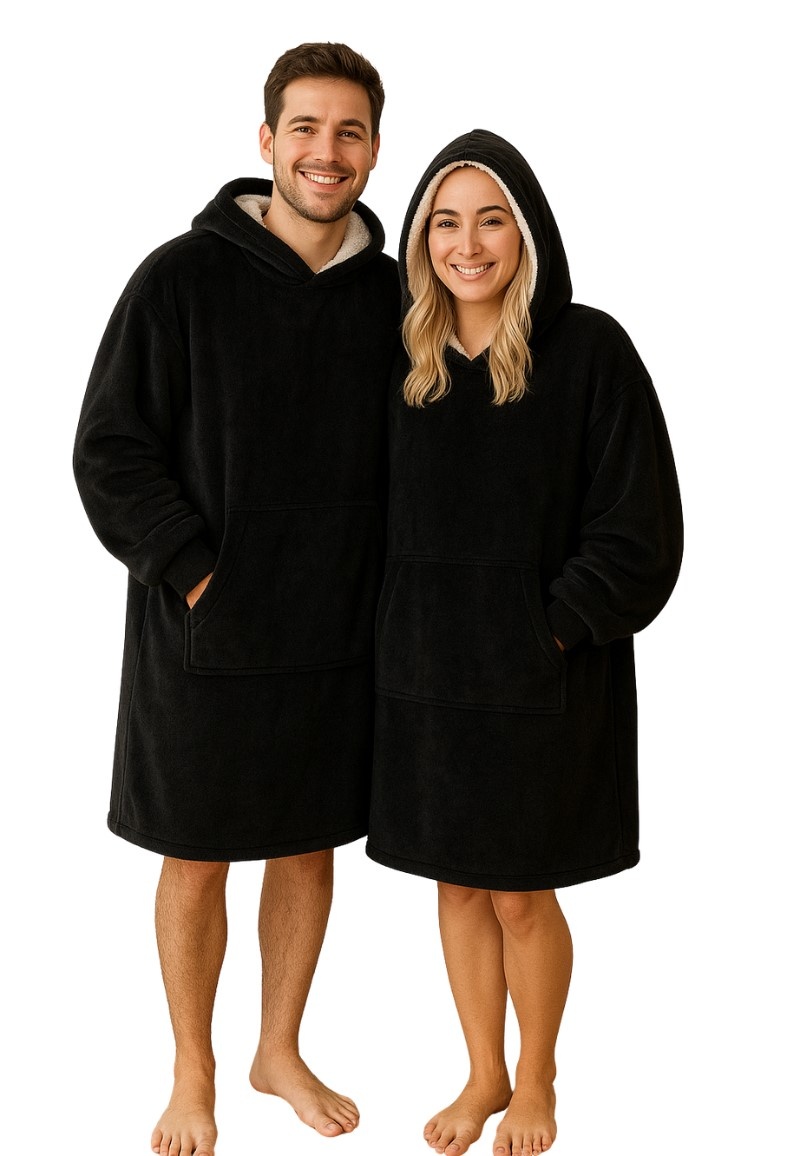 Luxe fleece deken met capuchon - zwart