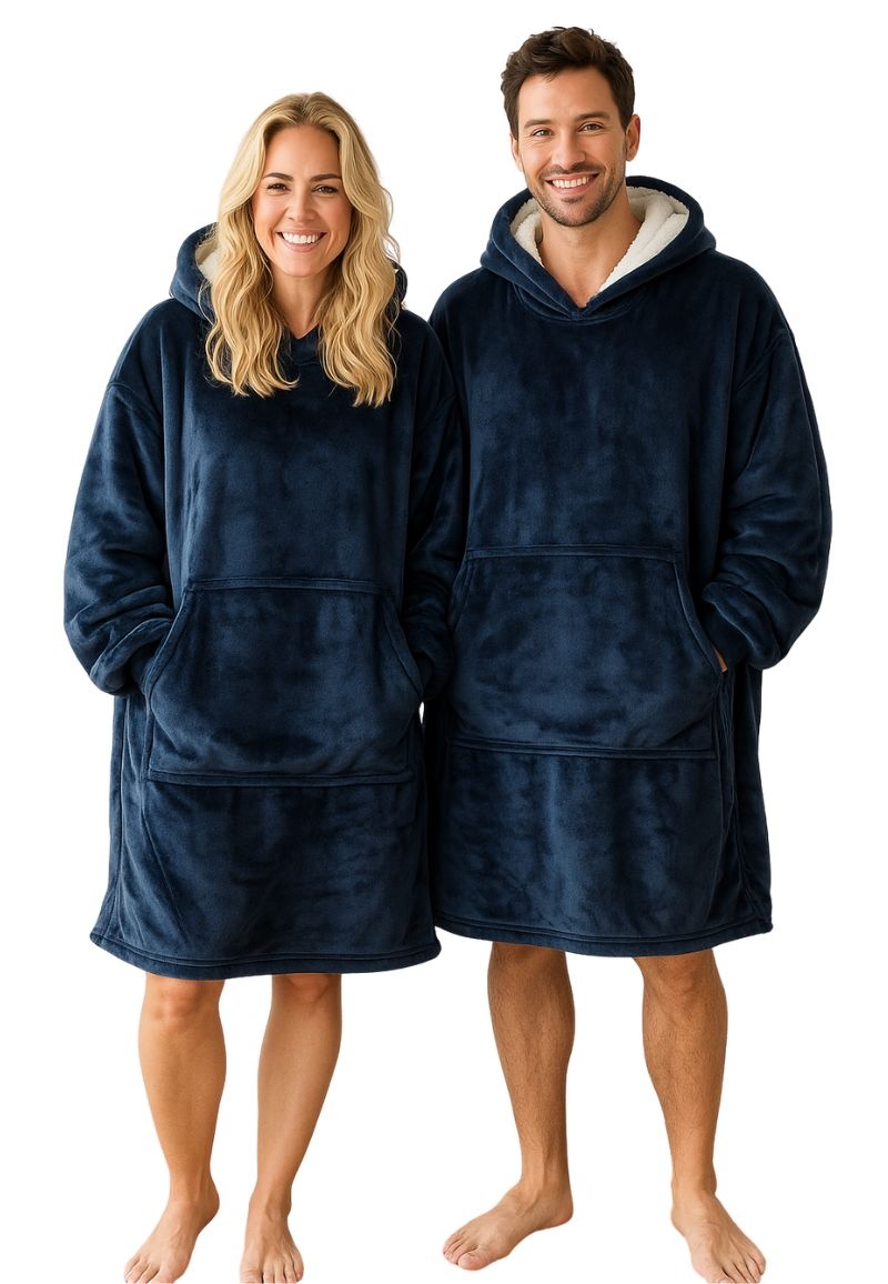 Luxe fleece deken met capuchon - marine