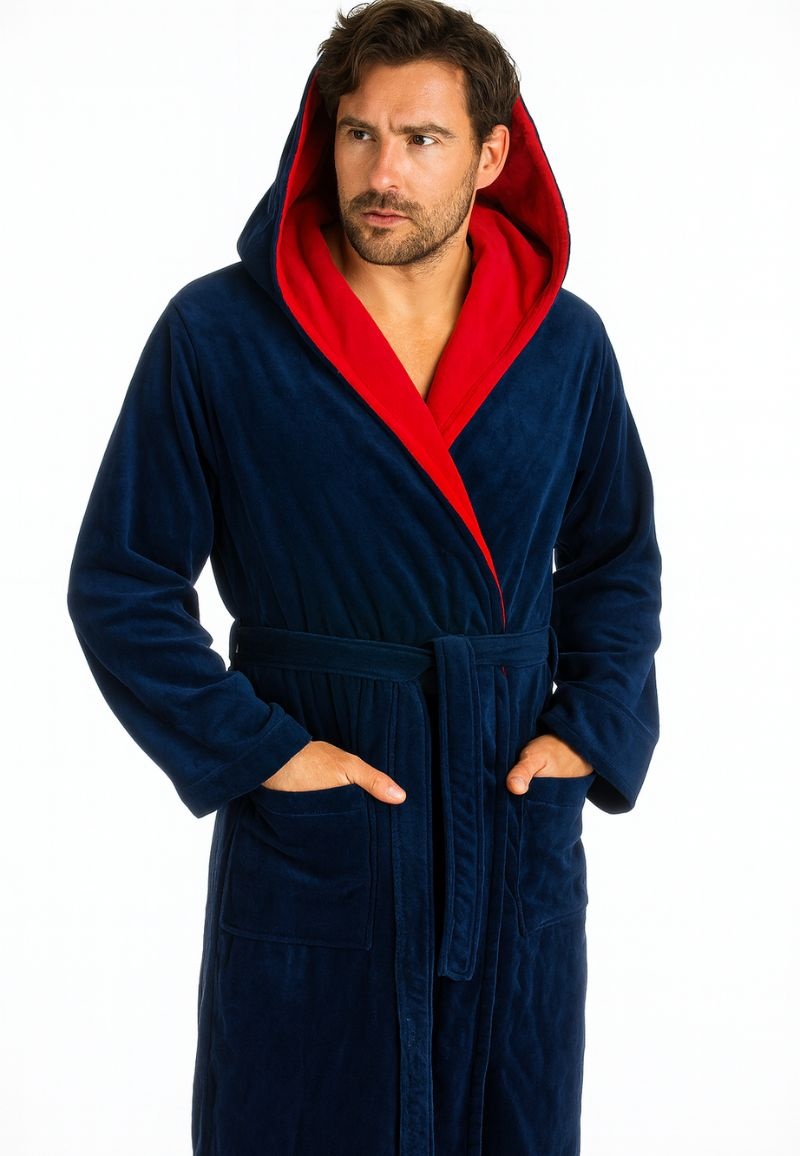 badjas heren marineblauw-rood katoen met capuchon