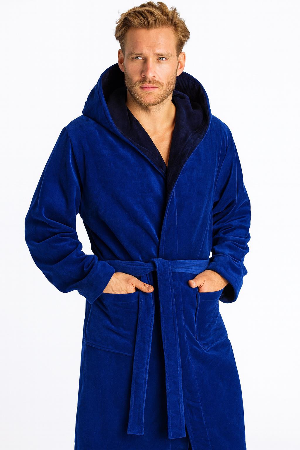 badjas kobaltblauw velours met capuchon