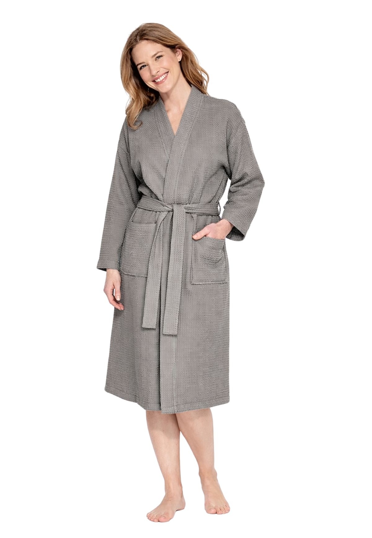 Taupe lichtgewicht saunabadjas met naam borduren - wafel katoen