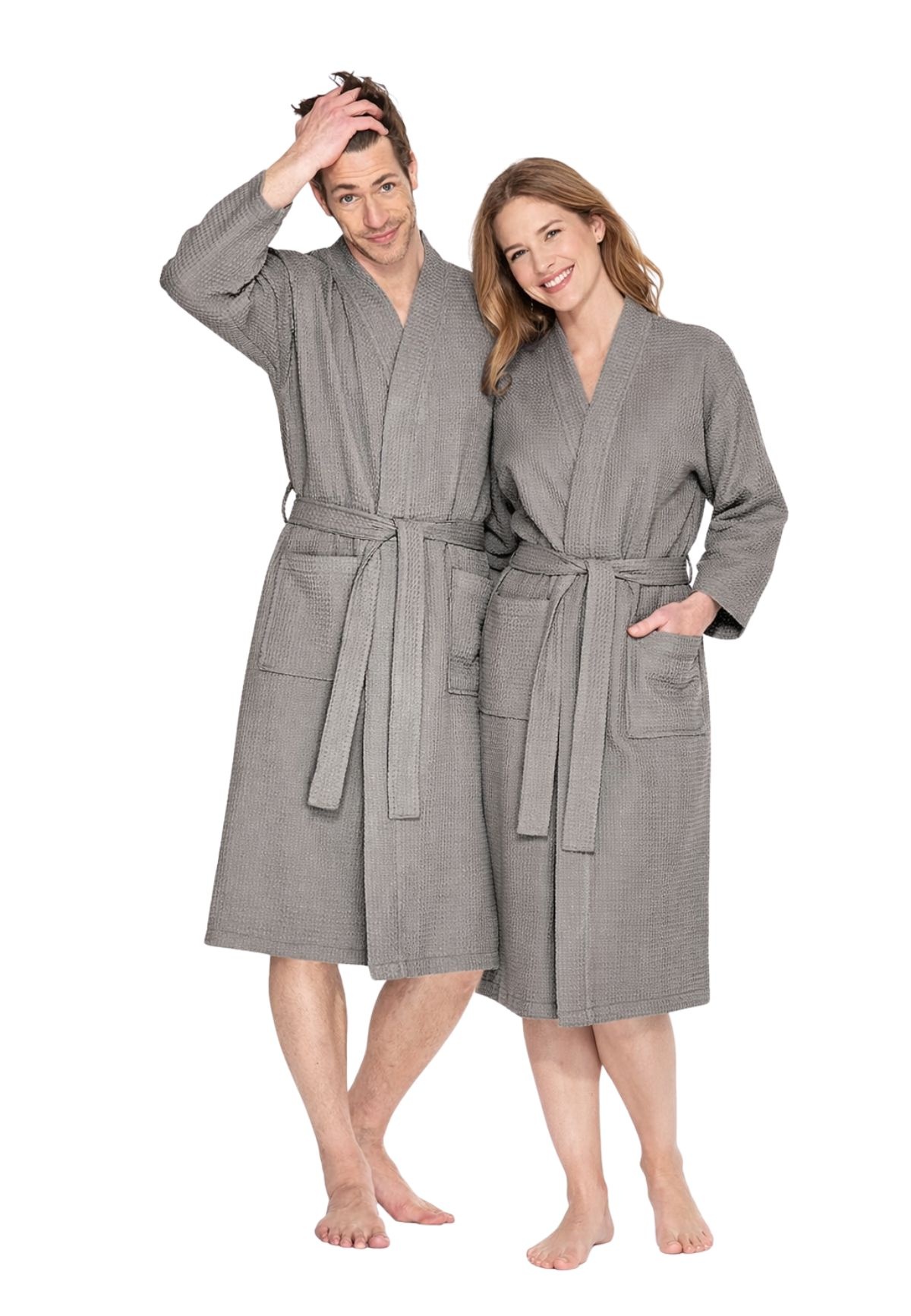 Taupe lichtgewicht saunabadjas met naam borduren - wafel katoen