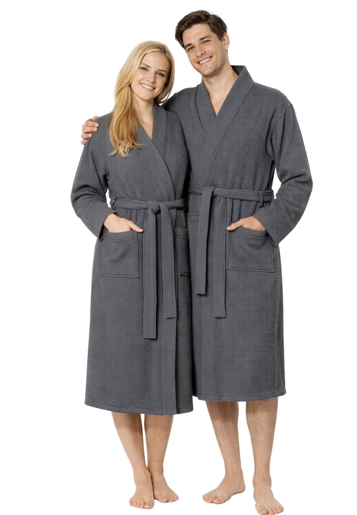 Antraciet lichtgewicht saunabadjas met naam borduren - wafel katoen