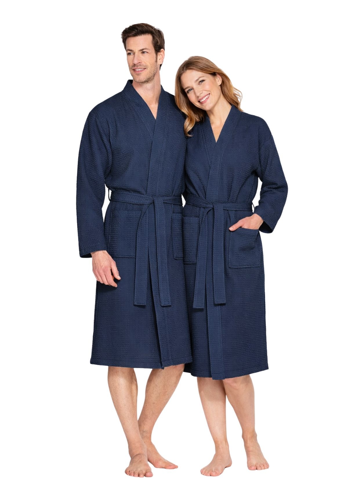 Donkerblauwe lichtgewicht saunabadjas met naam borduren - wafel katoen