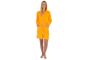 Badjas dames okergeel met rits en capuchon
