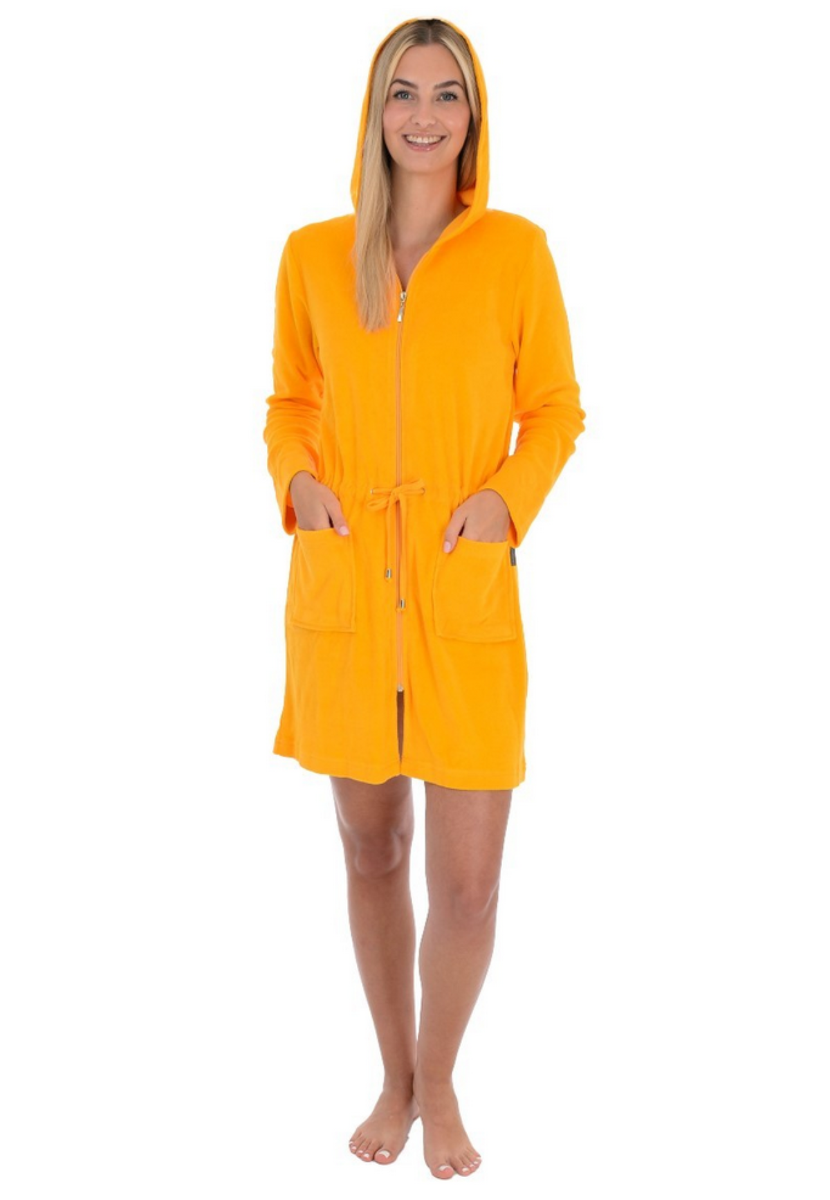 Badjas dames okergeel - met rits en capuchon