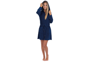 Badjas dames donkerblauw met rits en capuchon
