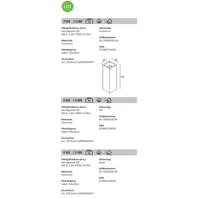 Led Wandlamp VEGAS150 IP65 Outdoor