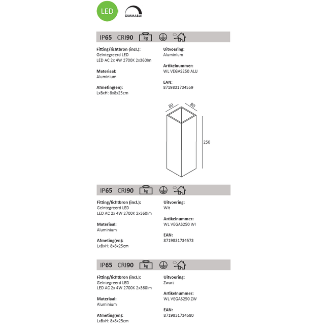 Led Wandlamp VEGAS250 IP65 Outdoor