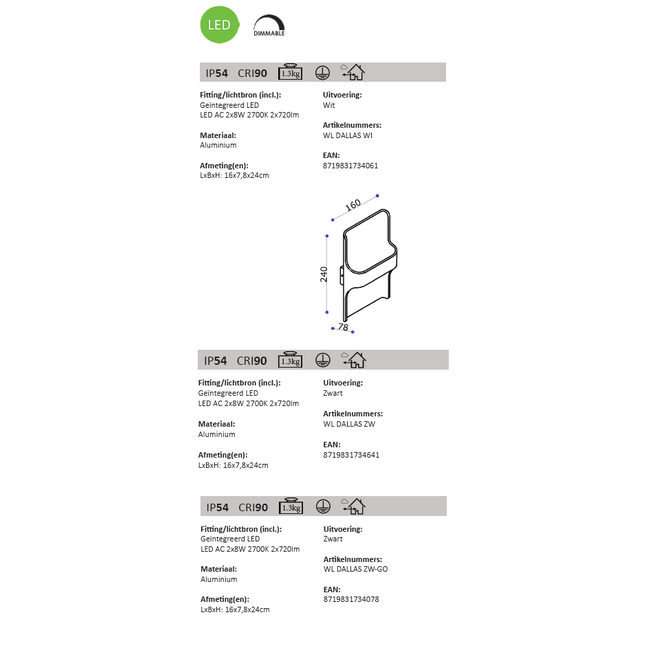 Applique murale LED DALLAS IP54 EXTÉRIEUR