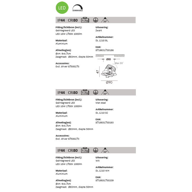 LED Recessed spot DL1210 IP44