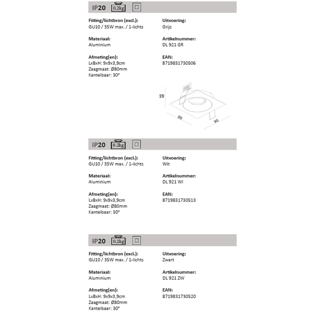 Inbouwspot DL921 GU10 richtbaar
