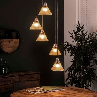 LioLights Pendant lamp 5L stepped clear glass ribbed