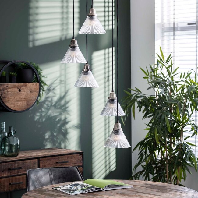 Hanglamp 5L getrapt helder glas ribbel - OUTLET