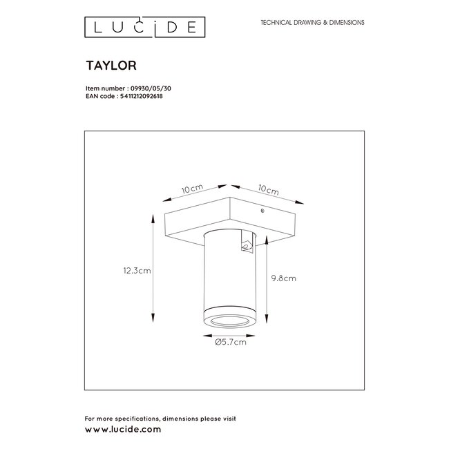 TAYLOR - Ceiling spotlight Bathroom - LED Dim to warm - GU10 - 1x5W 2200K/3000K - IP44 - 09930/05/30