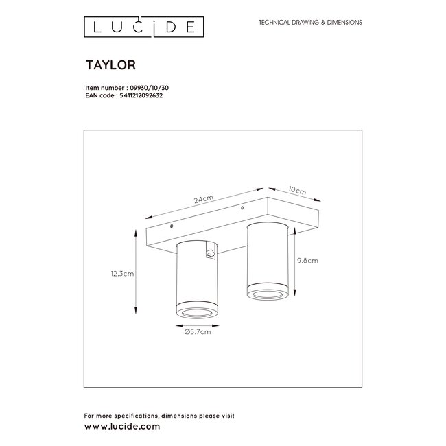 TAYLOR - Ceiling spotlight Bathroom - LED Dim to warm - GU10 - 2x5W 2200K/3000K - IP44 - 09930/10/30