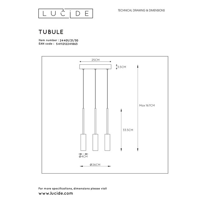 TUBULE - Hanging lamp - Ø 26 cm -3x7W 2700K - 24401/21/30