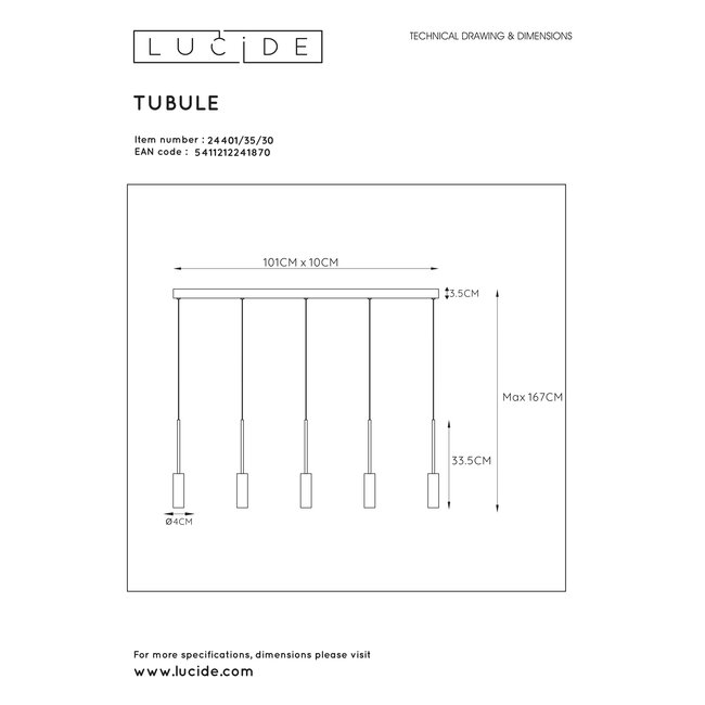 TUBULE - Hanging lamp - LED - 5x7W 2700K - Black - 24401/35/30